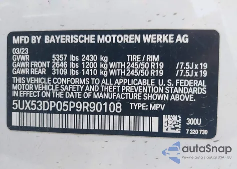 2023 BMW X3 xDrive30I z USA, uszkodzony, nr VIN 5UX53DP05P9R90108